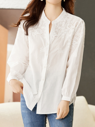 Women's Elegant Shirt 100% Cotton V-neck Embroidered Hollow Out Long Sleeve White Shirt