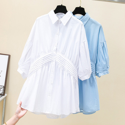 Women's Elegant Shirt 100% Cotton Lapel Mid Sleeve Pleated Solid Shirt Top