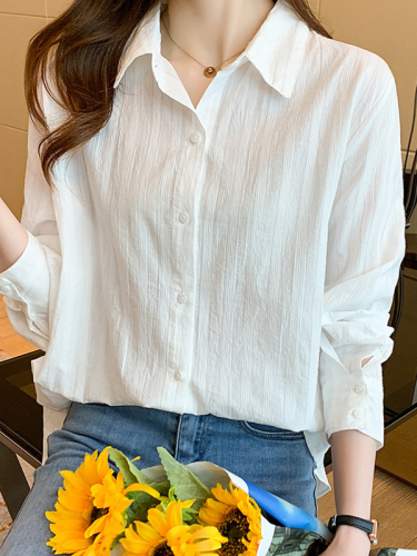 Women's Elegant Shirt 100% Cotton Lapel Long Sleeve Solid White Shirt Top