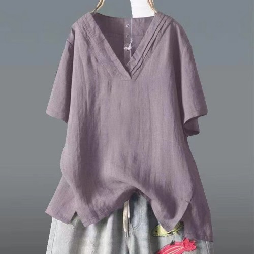 Women's Summer Solid Blouse Top Cotton Linen V-Neck Short Sleeve Shirt Top