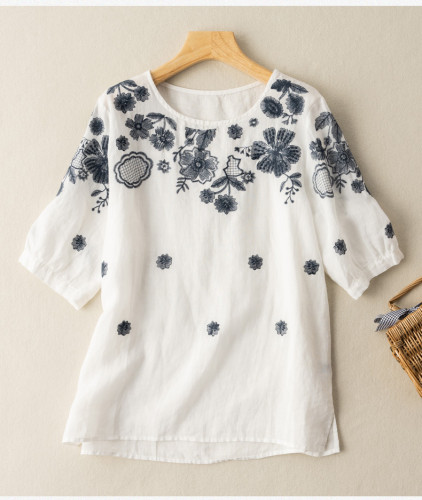 Women's Spring Summer Floral Blouse Top Cotton Embroidery Floral Shirt Top