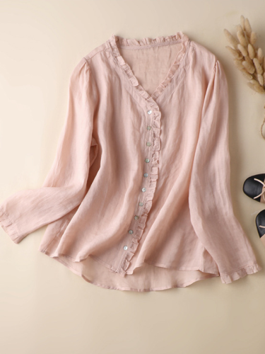 Women's Spring Summer Blouse Top Cotton Linen Solid Long Sleeve V-Neck Shirt Top