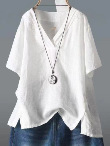 Women's Summer Solid Blouse Top Cotton Linen V-Neck Short Sleeve Shirt Top
