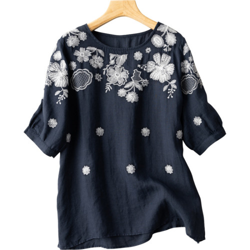 Women's Spring Summer Floral Blouse Top Cotton Embroidery Floral Shirt Top