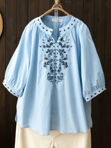 Women's Summer Blouse Top Embroidery Floral Vintage Casual Shirt Mid Sleeve