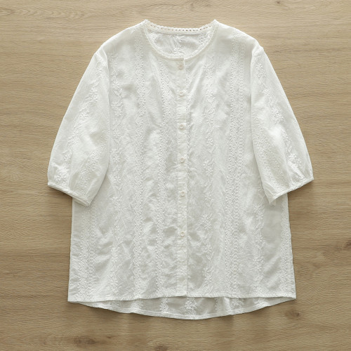 Women's Summer Shirt Top Embroidery Floral Vintage Casual Mid Sleeve Solid Shirt