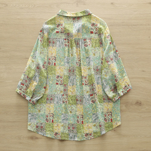 Women's Summer Floral Patchwork Shirt Top Floral Vintage Casual Shirt Mid Sleeve