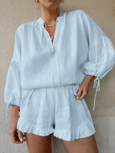 Women's Summer Cotton Linen 2Piece Set Puff Sleeve V-Neck Top and Short Pant