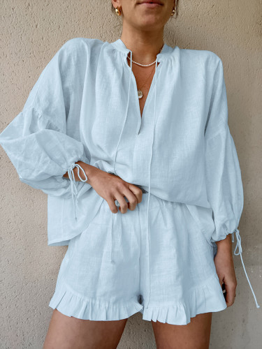 Women's Summer Cotton Linen 2Piece Set Puff Sleeve V-Neck Top and Short Pant