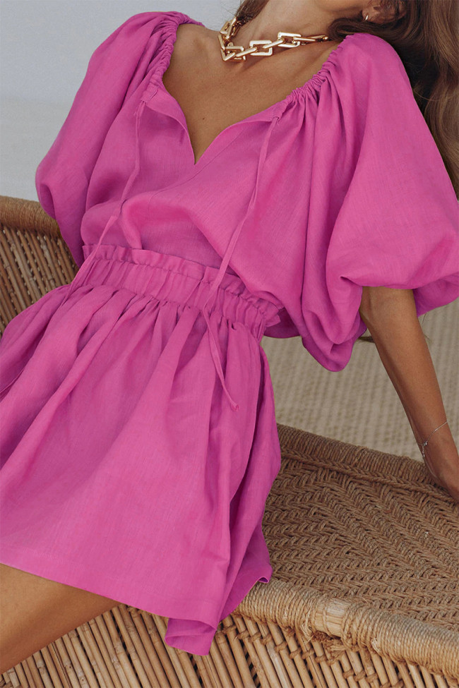 Women's Summer Cotton Linen 2Piece Set Puff Sleeve V-Neck Top and Short Skirt Pink Color