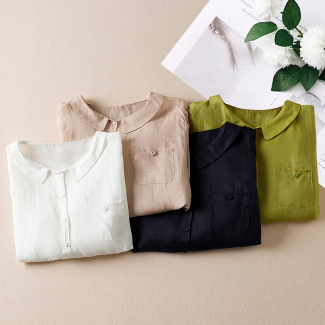 Women's Summer Cotton Linen Shirt Top Lapel Mid Sleeve Light Weight Shirt Blouse