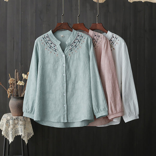 Women's Summer Cotton Linen Embroidery Shirt Top V-Neck Long Sleeve Single Breasted Shirt Blouse