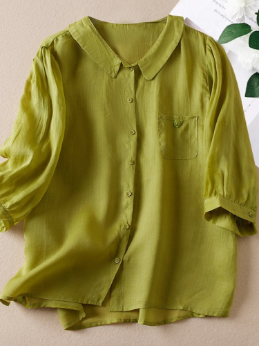 Women's Summer Cotton Linen Shirt Top Lapel Mid Sleeve Light Weight Shirt Blouse