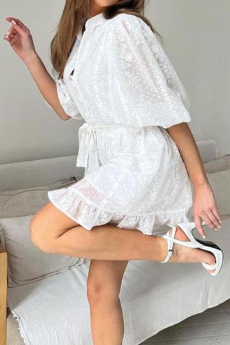 Women's 2024 France Style Lace Mini Dress Mid Sleeve Single Breasted White Boho Dresses
