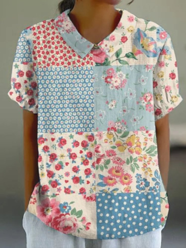 Women's 2024Vintage Patchwork Floral Print Cute Crew Neck Casual T-Shirt Top