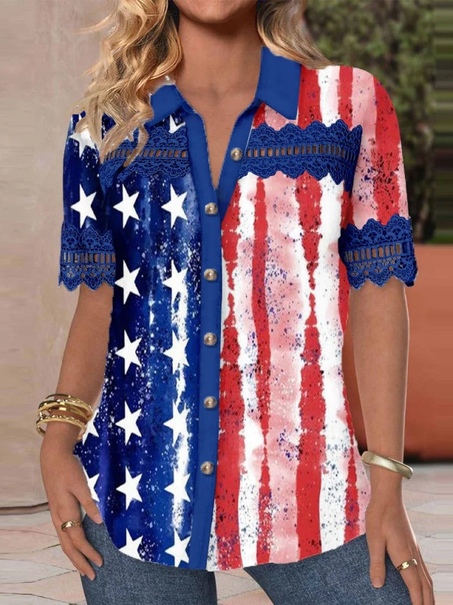 Women's 2024 Independence Day US Flag Star Print Casual Lapel Hollow Out Lace Patchwork Shirts