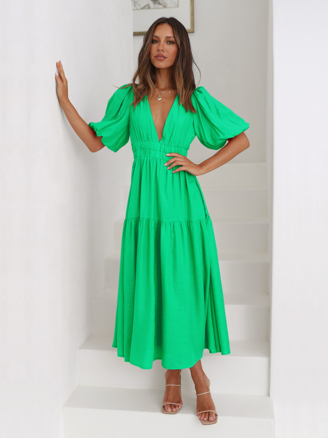 Women's Summer Holiday Dress V-Neck Short Puff Sleeve Solid High Waist Maxi Beach Dresses