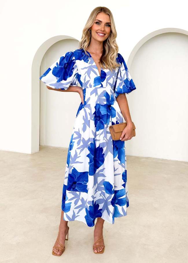 Women's Summer Floral Dress V-Neck Short Puff Sleeve Solid High Waist Maxi Beach Dresses