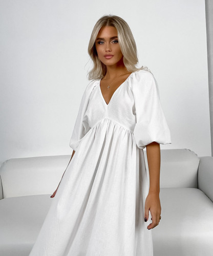 Women's 2024 Cotton Linen Dress V-Neck Puff Sleeve Sexy Hollow Out Back White Dresses