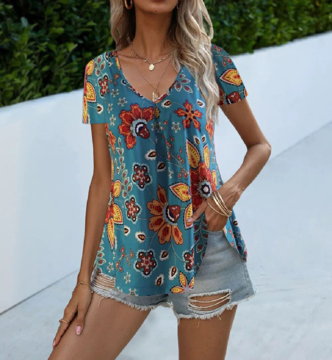 Women's 2024 Casual V-Neck Short Sleeve Summer Floral T-Shirts