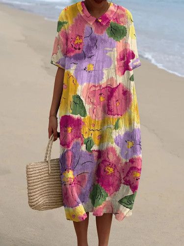 Women's 2024 Summer Holiday Dresses Floral Print Crew-Neck Midi Beach Dress