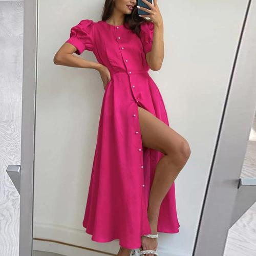 Women's 2024 Casual Crew Neck Puff Short Sleeve Single Breasted Split Holiday Dress