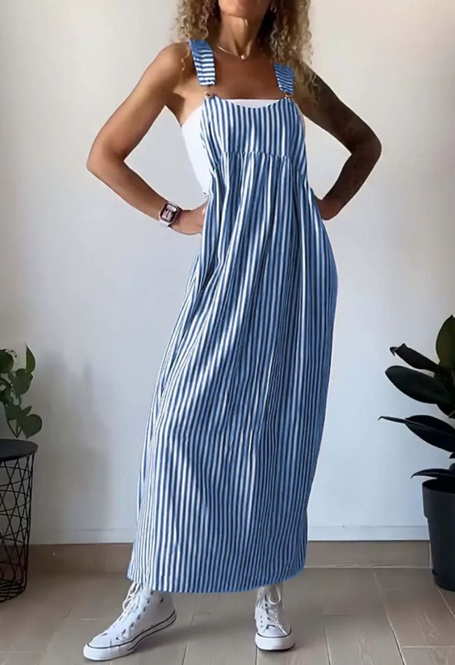 Women's Summer Casual Dresses Striped Strap Maxi Dress