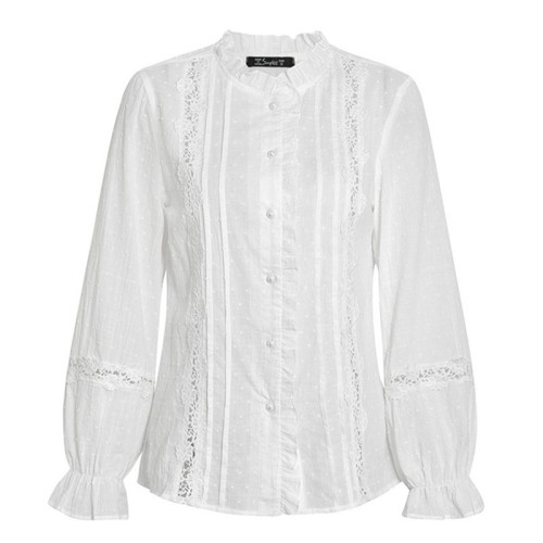 Women's Summer Casual Shirt French Style Lace Patchwork White Shirt Top