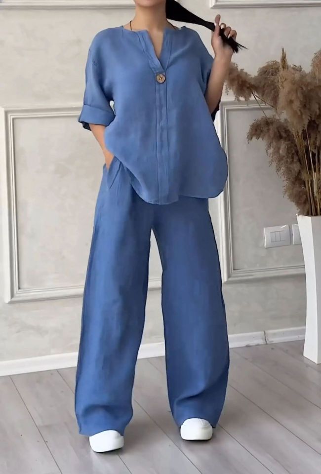 Women's 2024 Casual Daily 2Piece Set V-Neck Long Sleeve Casual Top and Wide Leg Pant Cotton Linen