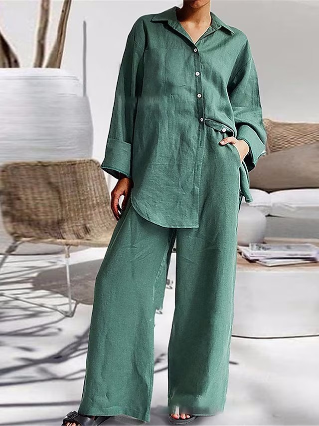 Women's 2024 Casual Daily 2Piece Set Lapel Long Sleeve Casual Top and Wide Leg Pant Cotton Linen