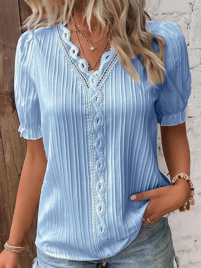 Women's 2024 Casual Shirt Lace V-Neck Short Sleeve Solid Shirt