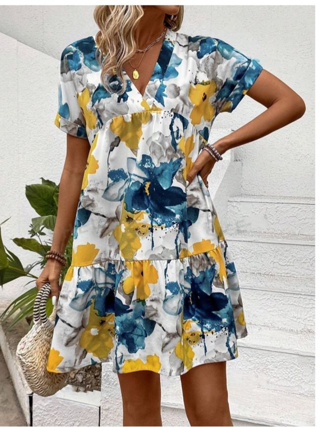 Women's Summer Floral Dress V-Neck Short Sleeve Casual Dresses