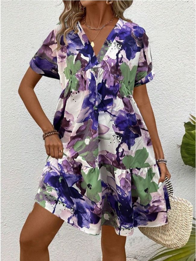 Women's Summer Floral Dress V-Neck Short Sleeve Casual Dresses