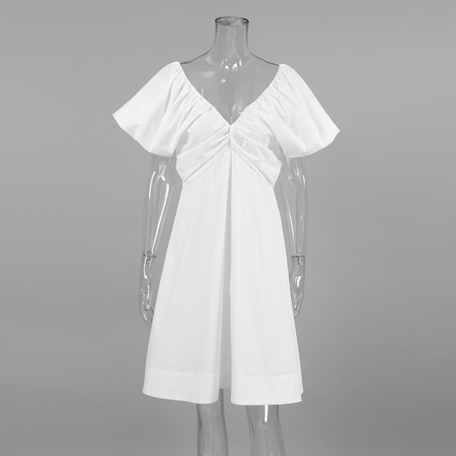 Women's Party Dress French Elegant Ruffled Sleeve Sexy V-Neck White A Linen Dress 100%Cotton