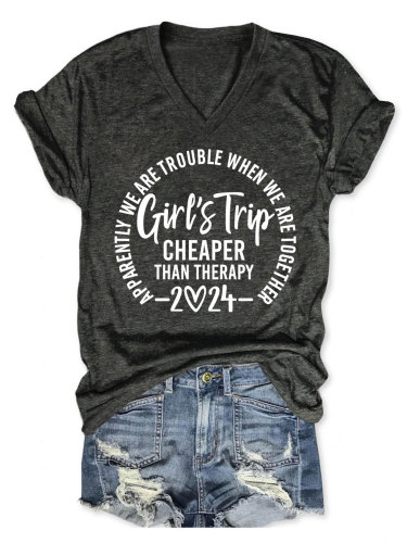 Women's Girl's Trip Cheaper than Therapy 2024 Letter Print Holiday T-Shirts V-Neck