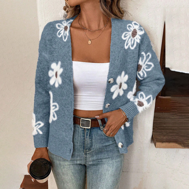 Women's Knitted Sweater Loose Casual Open Front Floral Sweater