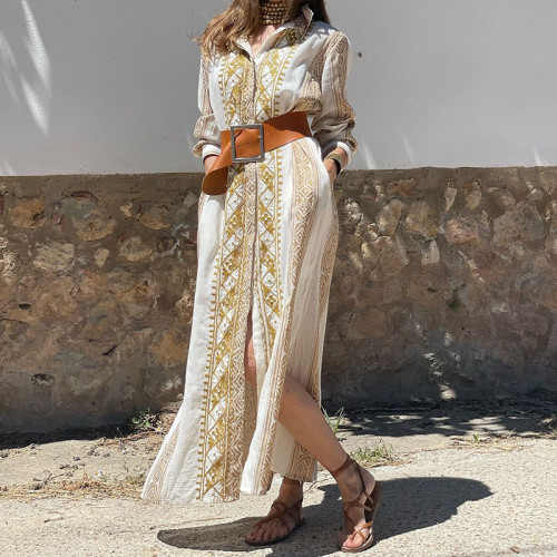 Women's Boho Dress Ethnic Geometric Pattern Lapel Single Breasted Loose Beach Vacation Shirt Dress