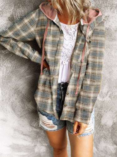 Women's Vintage Plaid Hoode Shirt Light Weight Casual Retro Check Shirt