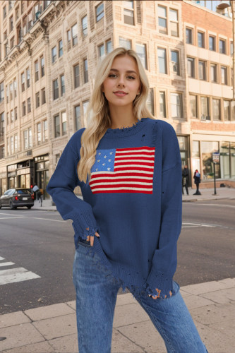 Women's US Flag Print Knitted Sweater Casual Crew-Neck Pullover Baggy Sweater