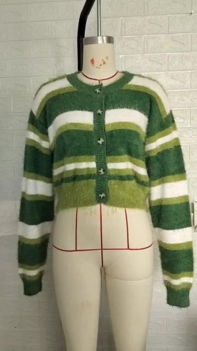 Women's Green Striped Sweater Cardigan Crew Neck Crop Short Sweater Cardigan