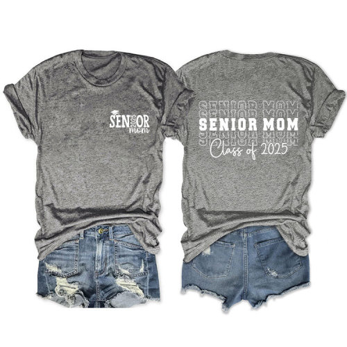 Women's senior mom class of 2025 Letter Print Holiday T-Shirts Crew-Neck