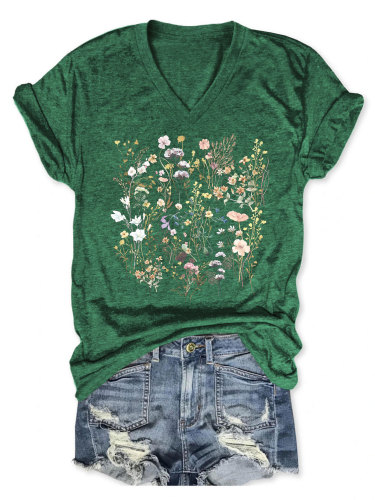 Women's Interesting Illustrations of Flowers and Plants T-Shirts V-Neck