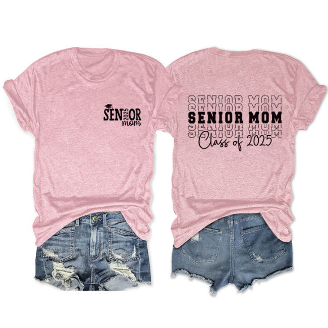 Women's senior mom class of 2025 Letter Print Holiday T-Shirts Crew-Neck