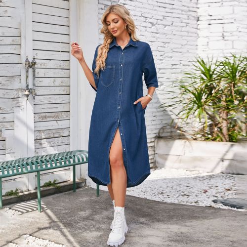 Women's Lapel Shirt Dress Single Breasted Mid Sleeve Denim Dress