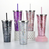 Eco-friendly Creative Reusable Plastic Adult Milkshake Cold Drink Juice Cup Double Layer Sippy Sequin Cup