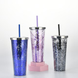 Eco-friendly Creative Reusable Plastic Adult Milkshake Cold Drink Juice Cup Double Layer Sippy Sequin Cup