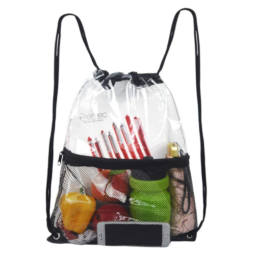 Clear Drawstring Backpack Shoulder Pvc Drawstring Bag with Front Zipper Mesh Pocket