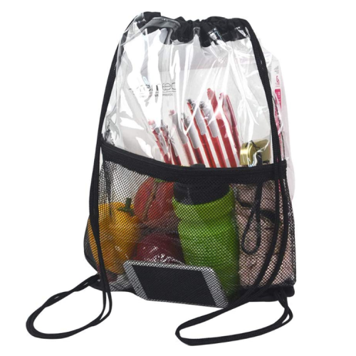 Clear Drawstring Backpack Shoulder Pvc Drawstring Bag with Front Zipper Mesh Pocket