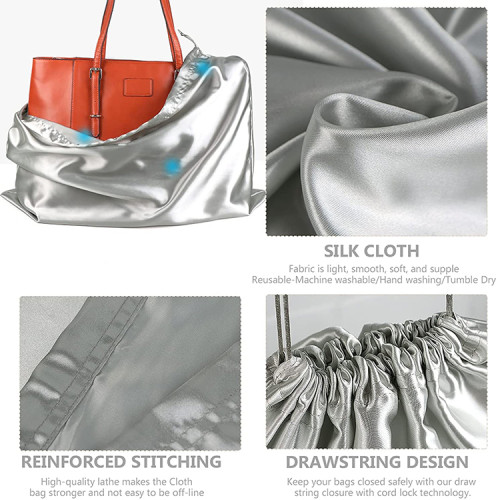 custom logo large blank silver silk satin drawstring dustbags for handbags