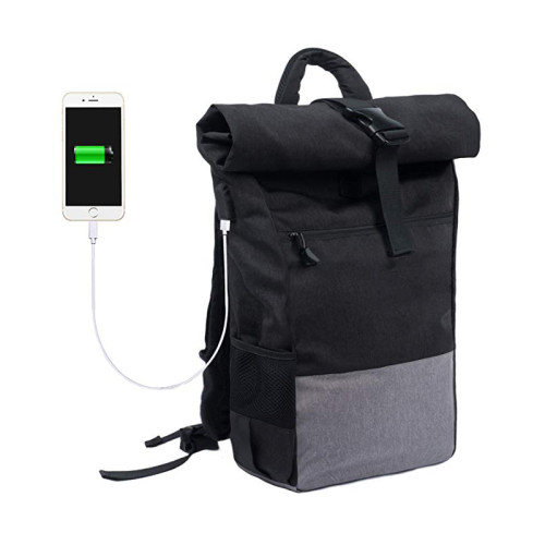 High Quality Roll Top Backpack Canvas Fit 16.5  Laptop Large Unisex Travel Canvas Daypack with USB Charger Port